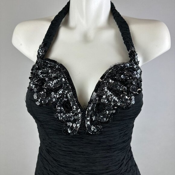 Vtg 90s Bari Jay Black Mini Coffin Ruched Halter Dress Deep V Sequins Size 3/4 - Picture 2 of 6